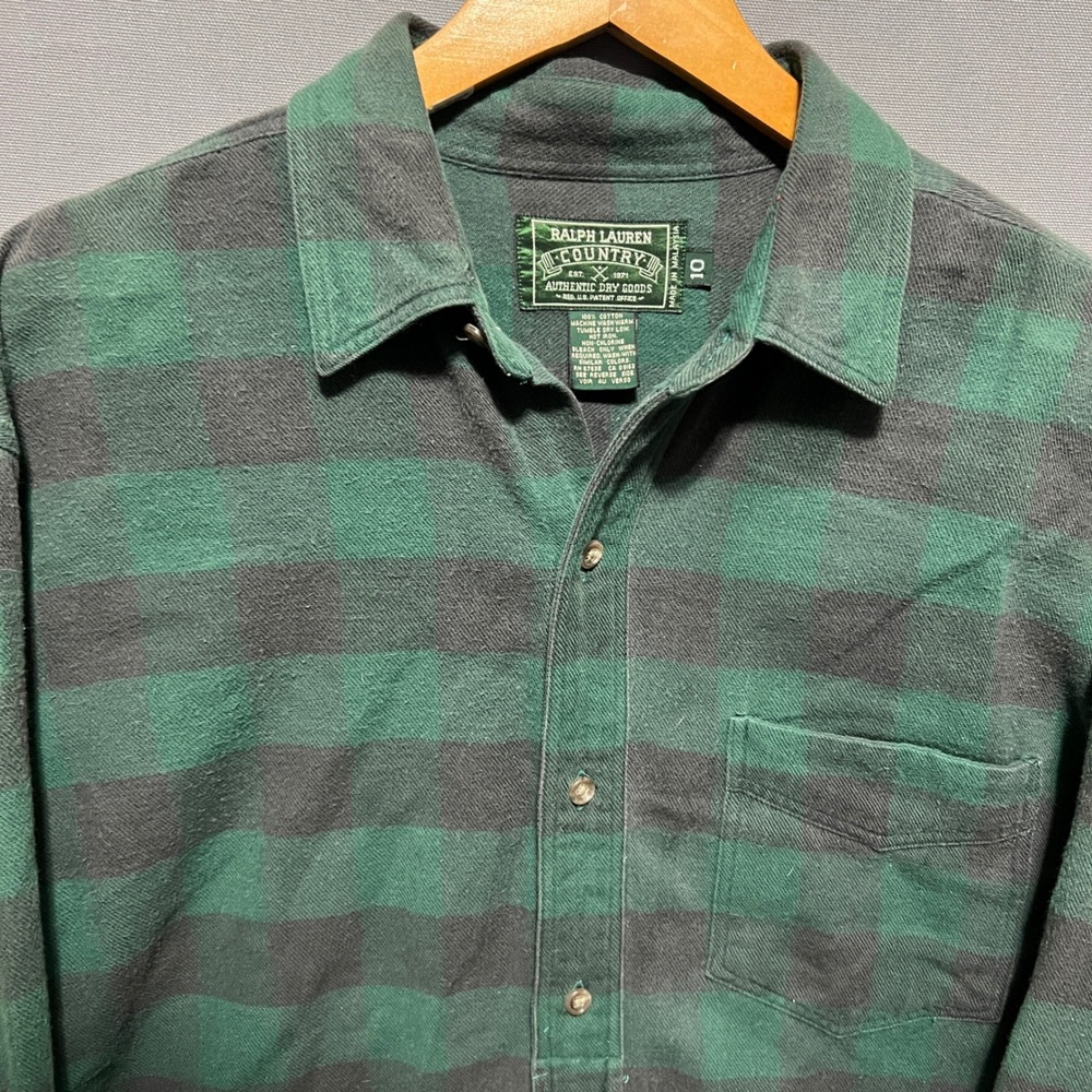 Ralph Lauren Country Mens Green Black Buffalo Plaid Flannel Shirt Size 10 - Picture 3 of 8